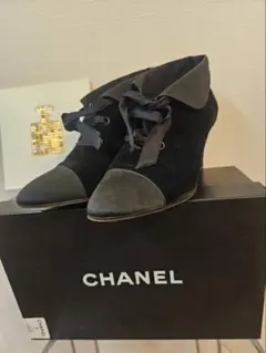 【美品】CHANEL シャネル ベロア レースアップ パンプス ブラック