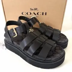 コーチ☆新品☆レザー シグネチャー柄厚底サンダル/ブラック黒