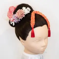 【七五三7歳/3歳髪飾りピンクB】かのこ（鹿の子）ちんころ/水引きゴールド組紐白