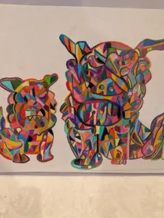 色鉛筆作品カラフルな抽象イラスト獅子プリントポスターa4♥原作品♥手描き♥
