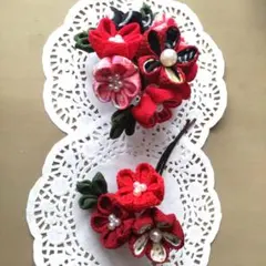 ハンドメイド、つまみ細工、髪飾り、ブローチ両用タイプ、赤 ピンク系セット