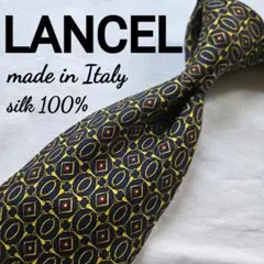 LANCEL シルク100% ネクタイ 幾何学模様　ゴールド　ネイビー