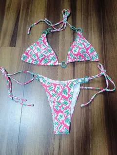 新品 ビキニ 水着 セット Mサイズ ピンク×グリーン 柄　三角ビキニ