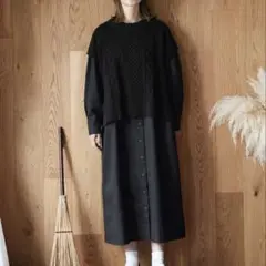 美品【サニークラウズ】重ね着風ベストロングワンピース 長袖 異素材MIX M 黒