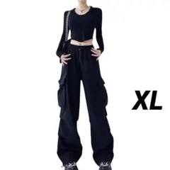 カーゴパンツ 　レディース　ワーク 　韓国 　ワイド　 黒 　ブラック　XL秋冬