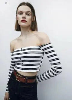 ZARA オフショルダー　トップス　ボーダー　ザラ　オフショルニット Sサイズ