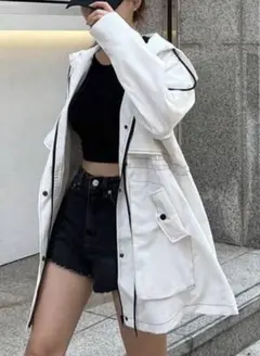 ホワイト フード付き パーカー ホワイト ブラック コート ロング ジャケット