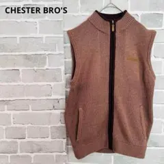 CHESTER BRO'Sメンズリブ編みフルジップニットベスト茶色ゴルフa869