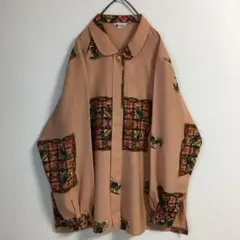 90s くすみカラー スカーフ柄 比翼前立て ポリシャツ 古着女子L相当