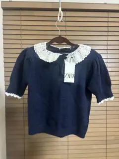 新品未使用タグ付きZARA リボン ピーターパン襟 半袖ニット レース襟