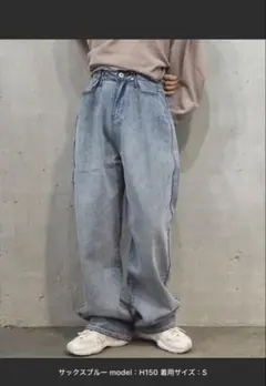 サックスブルーデニムワイドレッグパンツ Sサイズのサムネイル