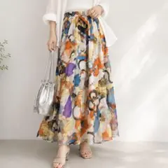 メランジェ melange ロングフレアスカート 総柄 ウエストゴム Ｍ 裏地付のサムネイル