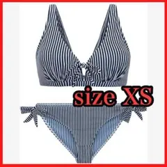 レディース 水着 XS ビキニ ストライプ ネイビー ホワイト リボンのサムネイル