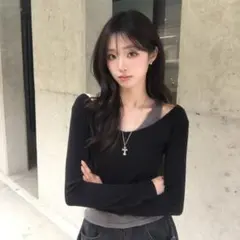 sona キャミソール長袖Tシャツレイヤード ブラック 韓国