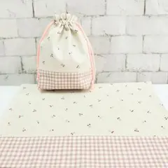 給食セット　ランチョンマット　巾着　チェリー×チェックくすみピンク　清楚系　女子