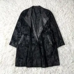 ヴィンテージ レザージャケット スエード ロング 総柄 幾何学模様 アート柄 黒