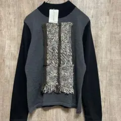 ミモザリップ【新品】ニット フリンジ付き　ダークグレーxブラック　M-L