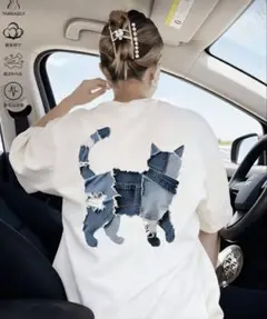 猫　シルエット　デニム　パッチワークデザイン　Tシャツ　ホワイト　XXL
