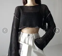 ワイドスリーブステッチクロシェショートニット