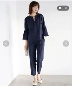 ネイビー フレア袖 パンツセットアップ