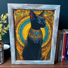黒猫アート 2L額縁付き エジプト風 神秘的装飾絵画 インテリア開運