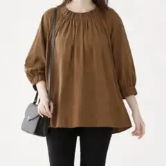 ユニクロ【S】エクストラファインコットンギャザーブラウス ブラウン 七分袖