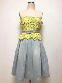 イエロー レース とデニム、チューブトップ ミニワンピース