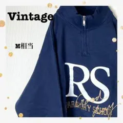 90s古着VintageビッグカレッジロゴハーフジップスウェットネイビーM