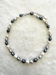 未使用　美しいバロックパールネックレス　ブルーグレー　シルバー