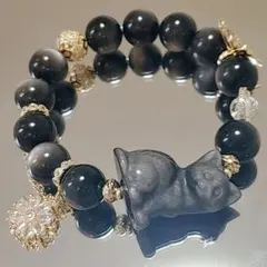 高品質シルバーオブシディアン 黒猫 デザイン ブレスレット ゴールド金具