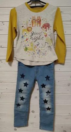 動物プリント長袖Tシャツとデニムパンツセット