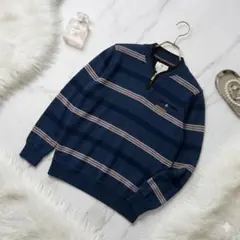 美品✨ ハーフジップ ニット セーター ボーダー ネイビー 長袖 レトロ感