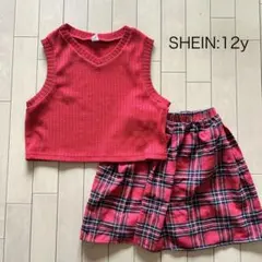 SHEIN 12y ニットベスト　チェックスカート セット赤