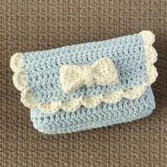 リボンとフリルのポーチ デジカメケース ハンドメイド 編み物 かぎ針編み