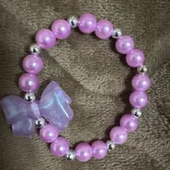 ピンクビーズ リボン付きブレスレット ハンドメイド