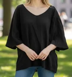 美品 ニコアンド チュニック LL相当 黒 Vネック 五分袖 フレア ゆったり