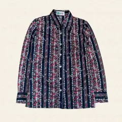 花柄×チェーン柄 レトロシャツ 長袖トップス ブラック ヴィンテージ 総柄