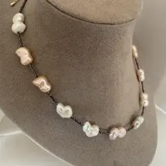 【淡水本真珠★バロック★ビーズ入り★パールネックレス★ハンドメイド★ネックレス】
