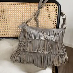 本革　フリンジ2WAYバック　ライトグレー　ショルダー　レザー