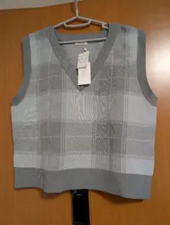 チェック柄 ニットベスト グレー系