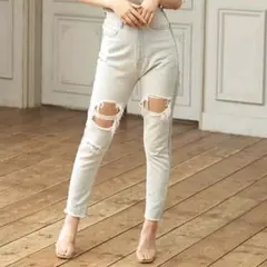 【Darich】ダメージ加工 ハイライズストレートデニムパンツ ブルー Mのサムネイル