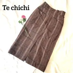 Te chichi ヘリンボーン柄チェックタイトスカート　前スリット　ウール混M