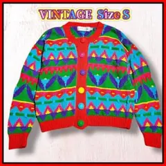 昭和レトロ カーディガン 90s コットン S ヴィンテージ マルチカラー 春