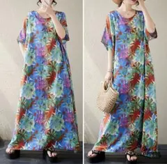 F【新品】春夏　薄手　丸襟　Aライン　花柄　マキシ丈　ゆったり　華やか