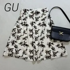GU/花柄フレアスカート/ウエストゴム/裏地付き/モノトーン/オフィス/綺麗めL
