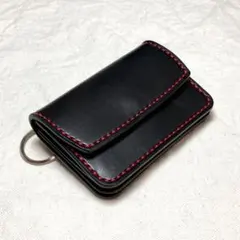 イタリアンレザー キーリング付き ミニ財布 本革 総手縫い マルチケース 黒 イタリアンレザー キーリング付き ミニ財布 本革 総手縫い マルチ