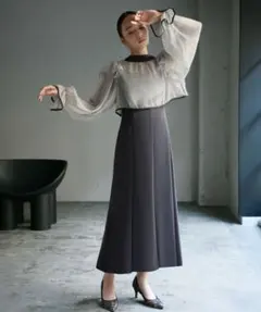 GIRLシアーフリルブラウス レイヤードマーメイドワンピース グレー