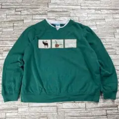 90s スウェット ヴィンテージ 鹿 白熊 刺繍デザイン アート グリーン