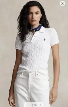 ホワイト ケーブルニット ポロシャツ 半袖　ポロラルフローレン