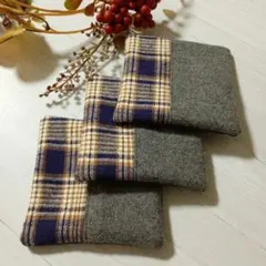 ❀ハンドメイド コースター 3枚セット チェック ウール　グレー